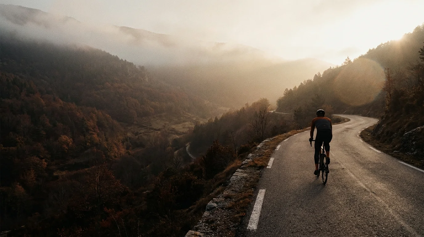 Cyclist on a mountain road at sunrise